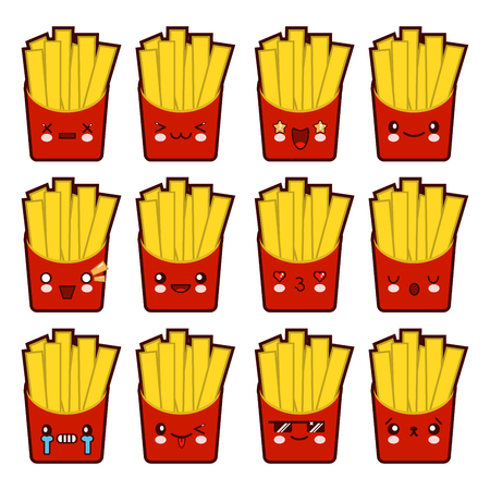 Emoji emoticon french fries with a lot of variation Set of kawaii face french fries emoticons. Isolated on white background. Flat design  Illustration EPSの写真素材