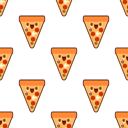 Seamless pattern with pizza patches cute fast food kawaii characters on white background. Flat design  Illustrationの写真素材