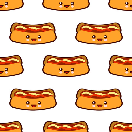 Seamless pattern with Hot dog cute fast food kawaii characters on white background. Flat design  Illustrationの写真素材