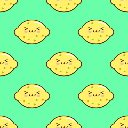 Lemon smiley kawaii cartoon character seamless pattern on green background. Flat design  Illustration EPSの写真素材