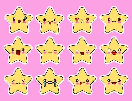 Kawaii stars cartoon character set, face with eyes, yellow color on pink background. Flat design  vector illustration.のイラスト素材