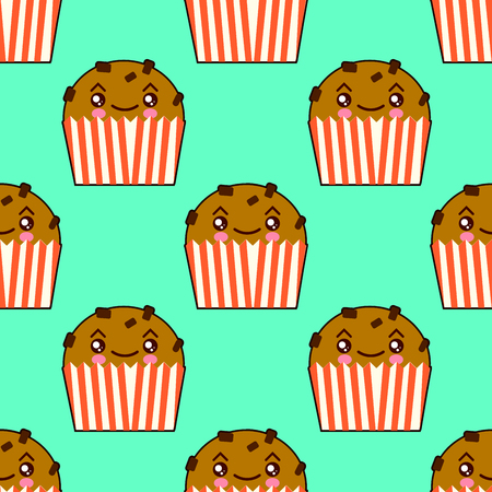 Cute cupcake seamless pattern with kawaii faces. Smiley cup cakes . Flat design  Illustration epsの写真素材