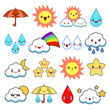 Collection of unusual cartoon and funny smiley weather icons. cute style. Sunny, cloudy, rainy, windy, shiny, bubbles, umbrella. Flat design vector illustrationのイラスト素材