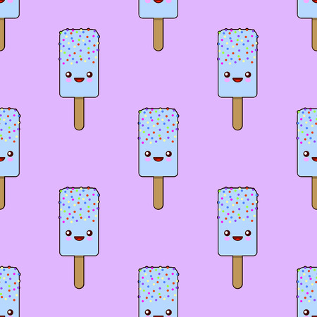 Cute seamless pattern with funny cartoon characters of ice cream winking eyes on pink background. Flat design, vector illustrationのイラスト素材