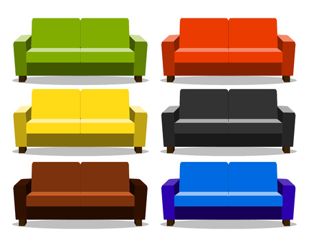 interior with realistic set sofa, lounge, settee couch, ottoman icon. couch realistic cartoon isolated on white background. Objects for interior design  Illustrationの写真素材