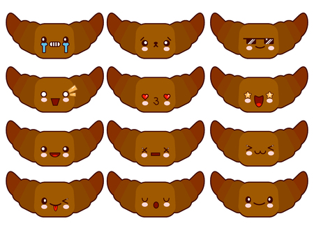 Cartoon funny croissant characters isolated on white background. Funny food face icon emoji. Flat design  Illustration EPSの写真素材