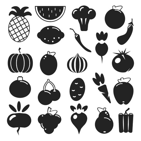 Set black silhouette various fruits and vegetables on a white background. Abstract design logo. Logotype art -  EPSの写真素材