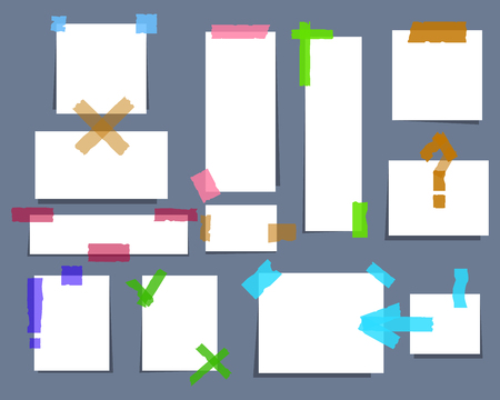 Paper torned notes with blank notepad pages and adhesive tapes illustration.の写真素材
