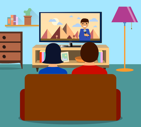 Family man and women watching TV daily news program together in the living room. Flat design,  illustrationの写真素材