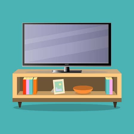 TV and TV table in living room on the green background. Flat design, illustrationの写真素材
