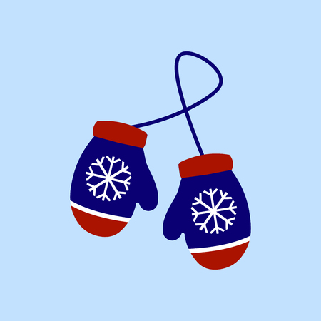 Illustration pair of knitted Christmas mittens icon on light blue background. Christmas greeting card with mittens, EPS.の写真素材