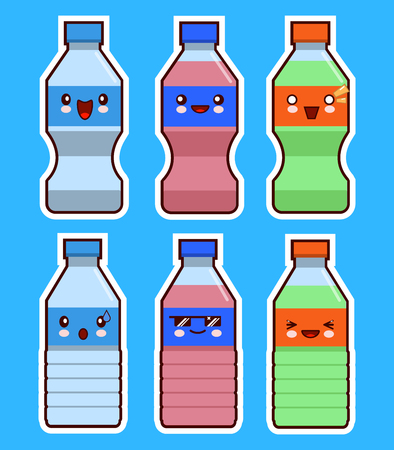Funny bottle of water and soda kawaii face set. illustration.の写真素材