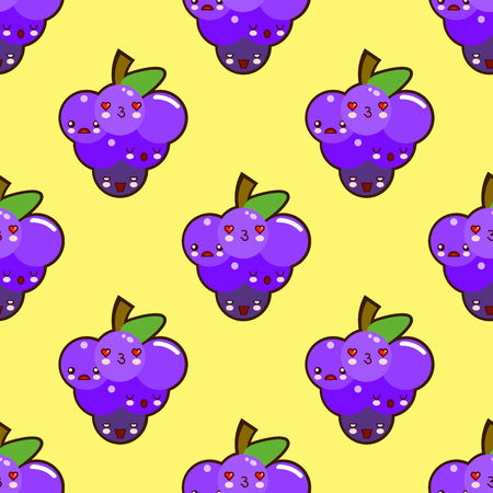 Bunch of purple grapes seamless pattern with a happy laughing face on yellow background. for wallpaper and textile, illustrationの写真素材