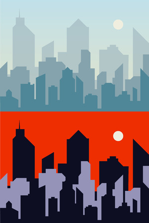 Morning and night town background city skyline. Cityscape flat vector illustration.のイラスト素材