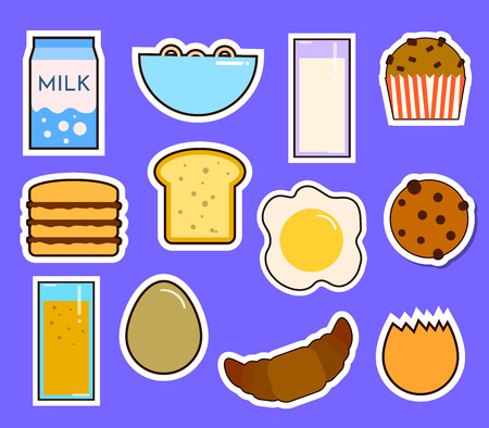 Breakfast fresh food and drinks flat icons set with coffee donut fruit juice tea cup isolated illustrationの写真素材