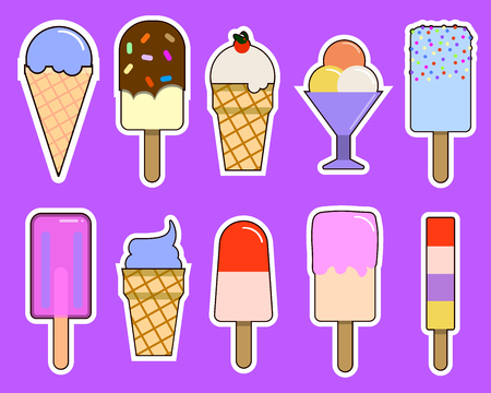Set of ice cream icons. Ice cream on a stick, in waffle cup. Flat design Illustrationの写真素材
