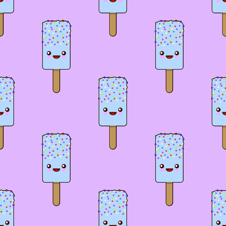 Cute seamless pattern with funny cartoon characters of ice cream winking eyes on pink background. Flat design, illustrationの写真素材