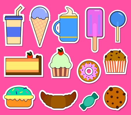 Party big set with different sweets - cake, ice cream, donuts, cupcakes, chocolate bar, candies. Flat design Illustrationの写真素材