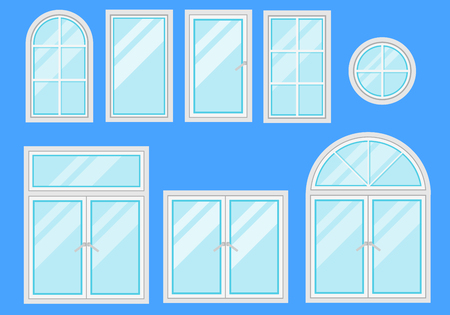 Set of windows with different design of frames. Shiny new windows with white frames can be used for web, building booklet and posters. Flat design Illustrationの写真素材
