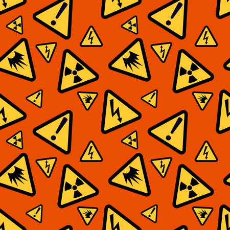 Hazard warning attention sign seamless pattern, isolated on orange background. Vector illustration.のイラスト素材