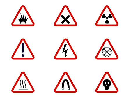 Warning and hazard symbols on triangles vector collection. Safety and caution, risk alert informationの写真素材