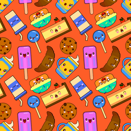 Cute seamless pattern with cartoon food decoration, emoji, dessert and candy illustrations. EPS10 vector.のイラスト素材