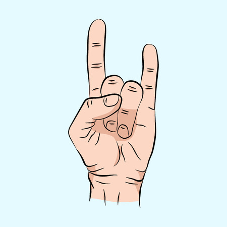 sketch of hand sign rock n roll music, vector illustration isolated on a blue background. Hand sign for web, poster, info graphicのイラスト素材