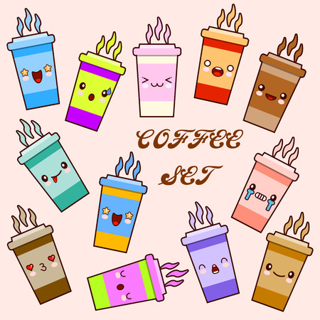 Emoji cup of coffee vector set. Cartoon cute cup of coffee face emoticons. Cup whith funny faces stickers, flat cartoon style. Isolated on backgroundのイラスト素材
