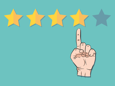 Hand pointing at one of five stars. Rating, evaluation, success, feedback, review, quality and management concept. vector illustration, no transparencyの写真素材