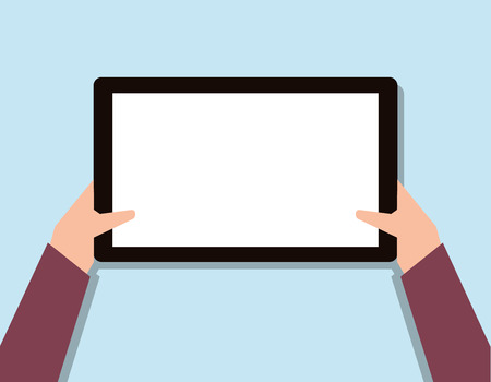 blank tablet hand toches screen, flat design isolated on blue background Vector illustration EPSのイラスト素材