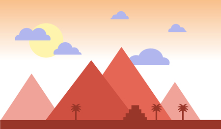 Egypt pyramids with palms in desert flat design. Travel concept famous Sunset Vector Illustration. Africaのイラスト素材