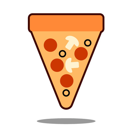 Pizza slice with melted cheese and pepperoni. Cartoon sticker in comic style with contour. Decoration for greeting cards, posters, patches, prints for clothes, emblems Vector illustration.の写真素材