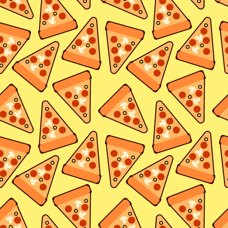 Seamless trendy pizza slices pattern. Cute vector pizza. For fabric, wallpapers, wrapping paper, cards and web illustration on yellow backgroundのイラスト素材