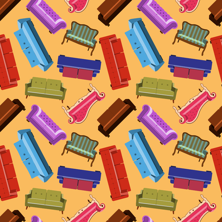 House furniture pattern seamless, background home, object decoration, sofa and couch indoor, vector illustration on orange backgroundの写真素材