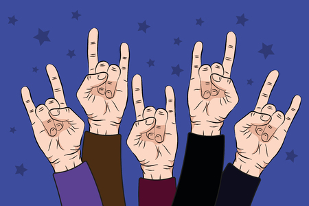 people raise rock hands up in concert with on purple color background. Vector illustration EPSのイラスト素材