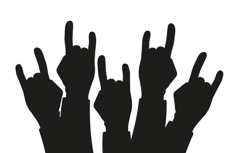 Party crowd raised rock hands silhouettes at a concert - concept of a rock background Vector illustration EPSの写真素材