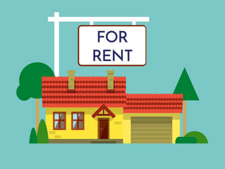 Home for rent icon. Real Estate concept, template for sales, rental, advertising. House with a sign isolated. Housing property sale. Vector illustration flat design. Offer estate. Residential cottage.の写真素材