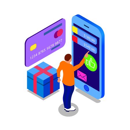 Sale, consumerism and people concept. Man shop online using smartphone. Gift buy. Landing page template.のイラスト素材
