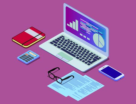 Vector isometric concept illustration of office work station. Desktop computer, glasses, phone, diagram, keyboard, finance stock infographic.のイラスト素材