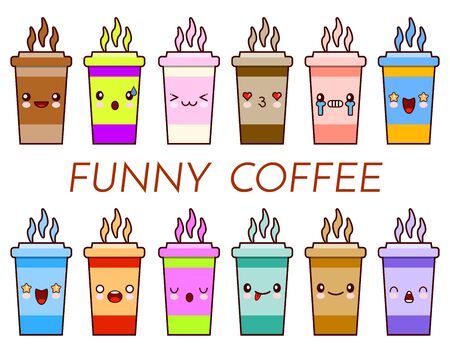 Cup of coffee tea set. Cartoon cute mug with face emoticons.の写真素材