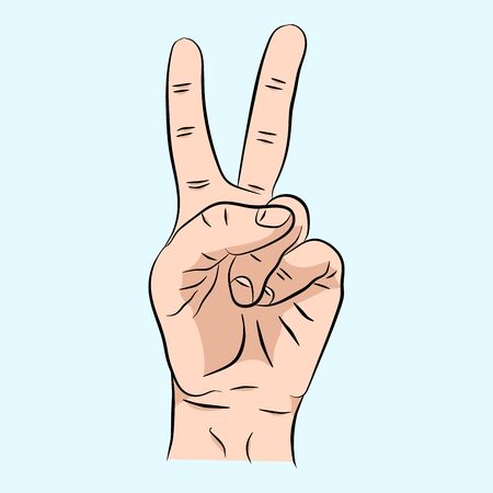 Hand sign victory sign or peace sign or scissors. color illustration isolated on blue background. For web, poster, info graphic.の写真素材