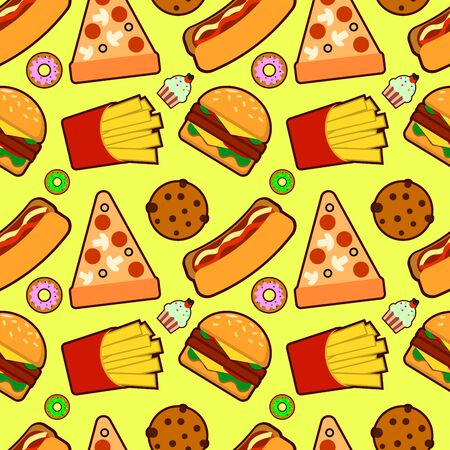 seamless pattern with american fast food. Fun and bright yellow background. Wallpaper with an image tasty foot.の写真素材