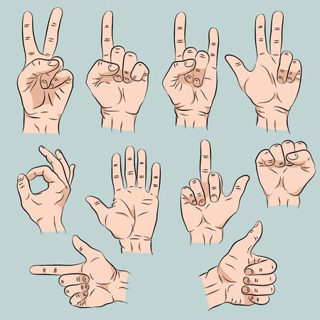 Set of hands in different gestures emotions and signs on grey background isolated illustrationの写真素材