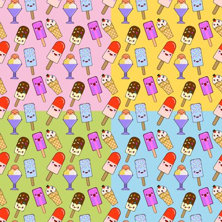 Ice cream cute seamless pattern set. Kawaii cartoon characters. Wafer surface with melted strawberry cream. Hello summer design. illustrationの写真素材