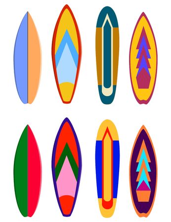 Surf boards designs.  surfboard coloring set. Realistic surfboard for extreme swimming, illustration set of surf board with color patternの写真素材