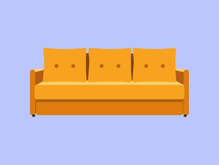 Sofa and couch yellow colorful cartoon illustration . Comfortable lounge for interior design isolated on blue background. Modern settee icon.の写真素材