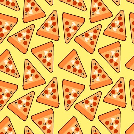 Seamless trendy pizza slices pattern. Cute  pizza. For fabric, wallpapers, wrapping paper, cards and web illustration on yellow backgroundの写真素材