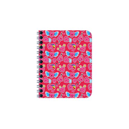 Closed notebook, personal diary on a spiral with bookmarks. With a bright cover texture with different emotions heart. Colorful flat illustration isolated on white backgroundの写真素材