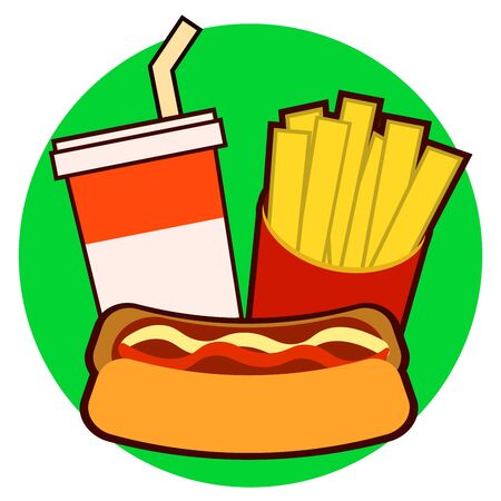 Colorful fast food on tray. Hot dog, french fries, soda illustration isolated on backgroundの写真素材