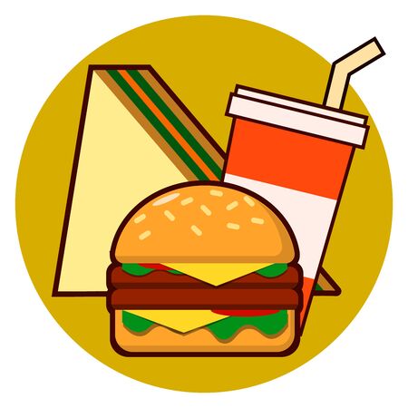 Cartoon fast food combo icon - hamburger, sandwich, soda illustration isolated on backgroundの写真素材